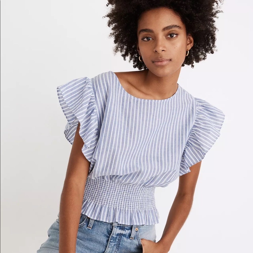 Madewell Flutter-Sleeve Smocked Top in Stripe - Picture 1 of 9